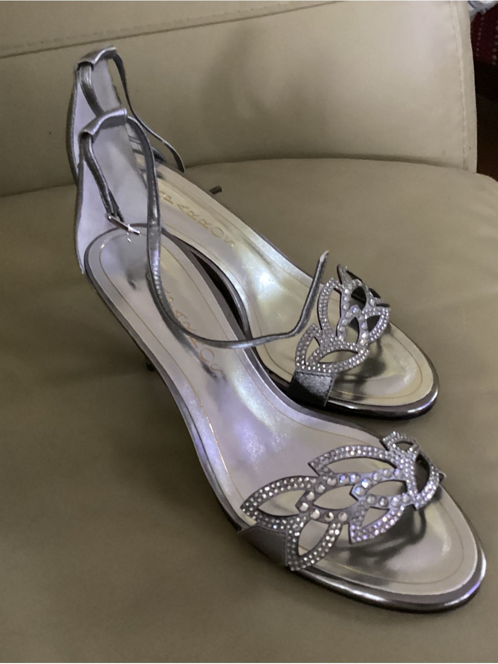 Caparros Silver Rhinestone Open-Toe Slingback Heels - Picture 2 of 5